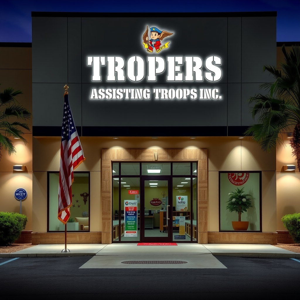 Modern office building exterior of Troopers Assisting Troops Inc headquarters with American flag, professional entrance, and welcoming atmosphere representing veteran support services