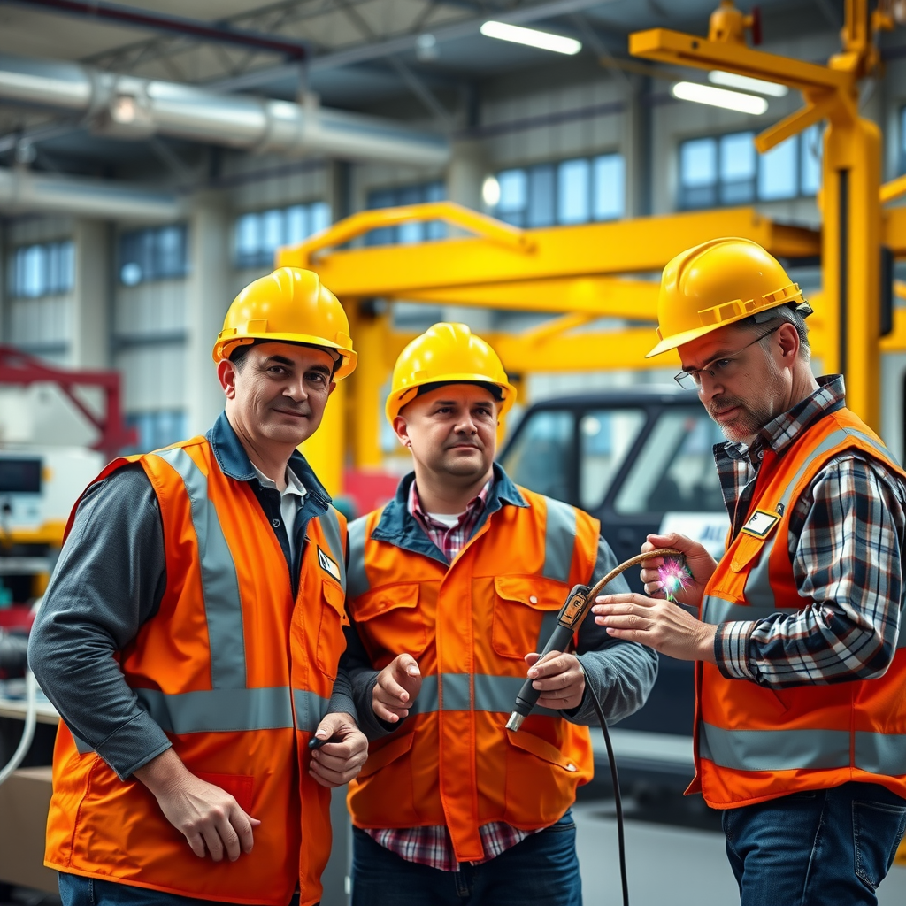 Group of veterans in safety gear working collaboratively in a bright, modern manufacturing facility with welding equipment and machinery visible in the background