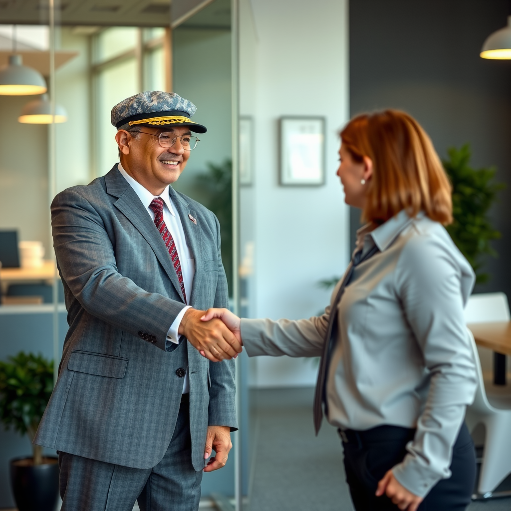 Professional veteran in business attire shaking hands with civilian employer in modern office setting, representing successful career transition from military to civilian workforce