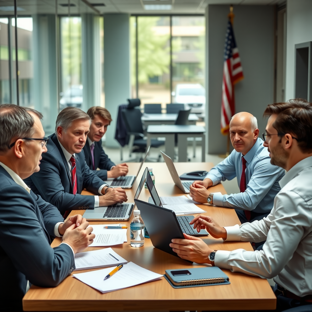 Group of veterans in business attire sitting around a conference table with laptops and documents, engaged in a professional career planning session with a career counselor, bright modern office setting with American flag visible in background