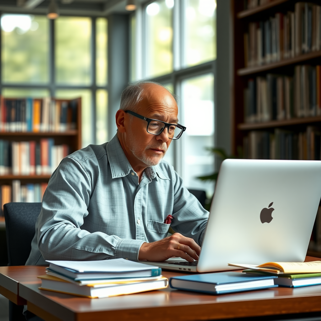Veteran studying at desk with laptop and books in modern library setting with natural lighting showing focused concentration and determination