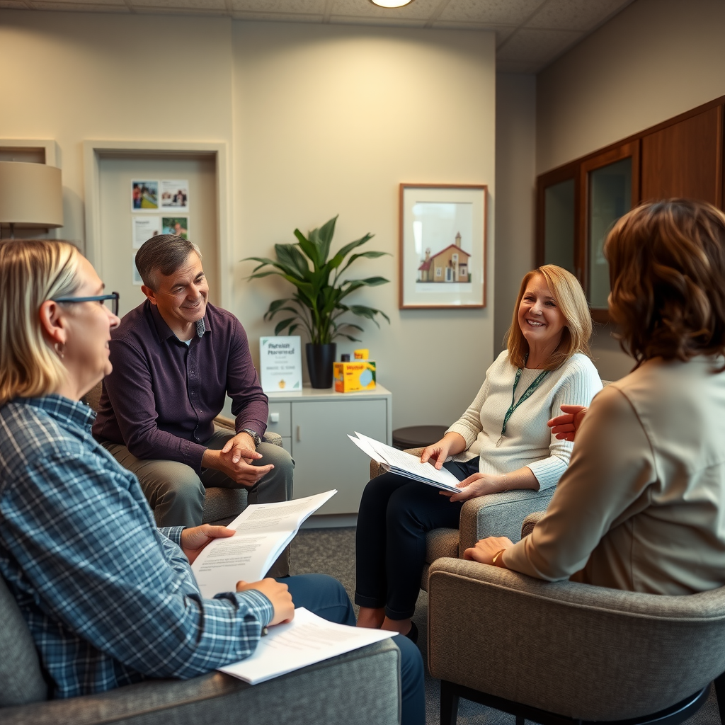 Veterans receiving personalized housing assistance consultation with compassionate support staff in a welcoming, professional office environment with comfortable seating and informational materials