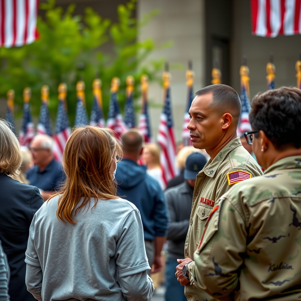 Military families gathering together at community event with American flags in background