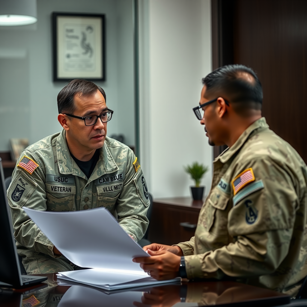 Veteran counselor meeting with a service member in a professional office setting, reviewing documents and discussing career transition plans