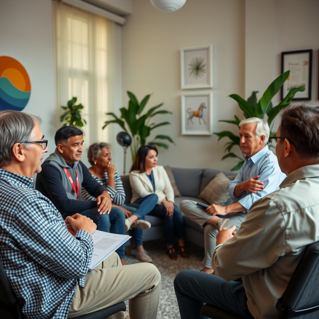 Veterans sitting in a supportive circle during a peer group therapy session, with a facilitator leading discussion in a comfortable, well-lit room with plants and calming artwork