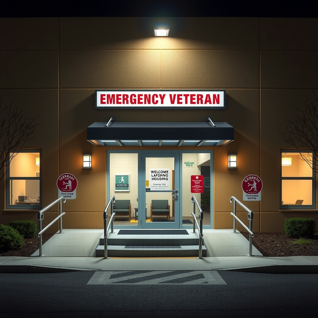 Modern emergency housing facility exterior with well-lit entrance, accessible ramps, security features, and welcoming signage designed specifically for veteran residents