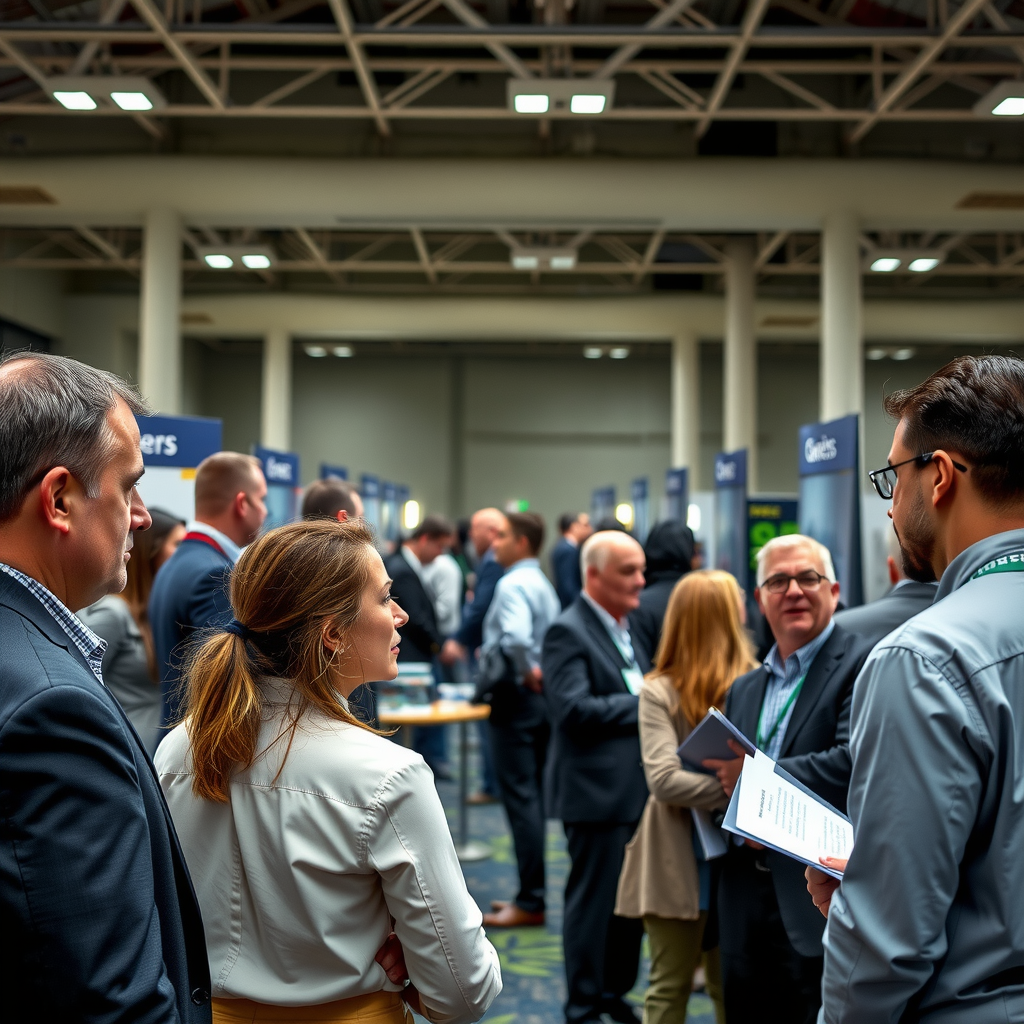 Veterans attending a career fair with multiple employer booths, professionals in business attire engaging in conversations and exchanging information