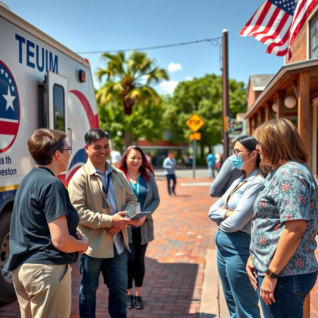 Mobile mental health unit team members, including therapists and peer support specialists, greeting veterans in a small rural town square, showing community engagement and accessible veteran support services
