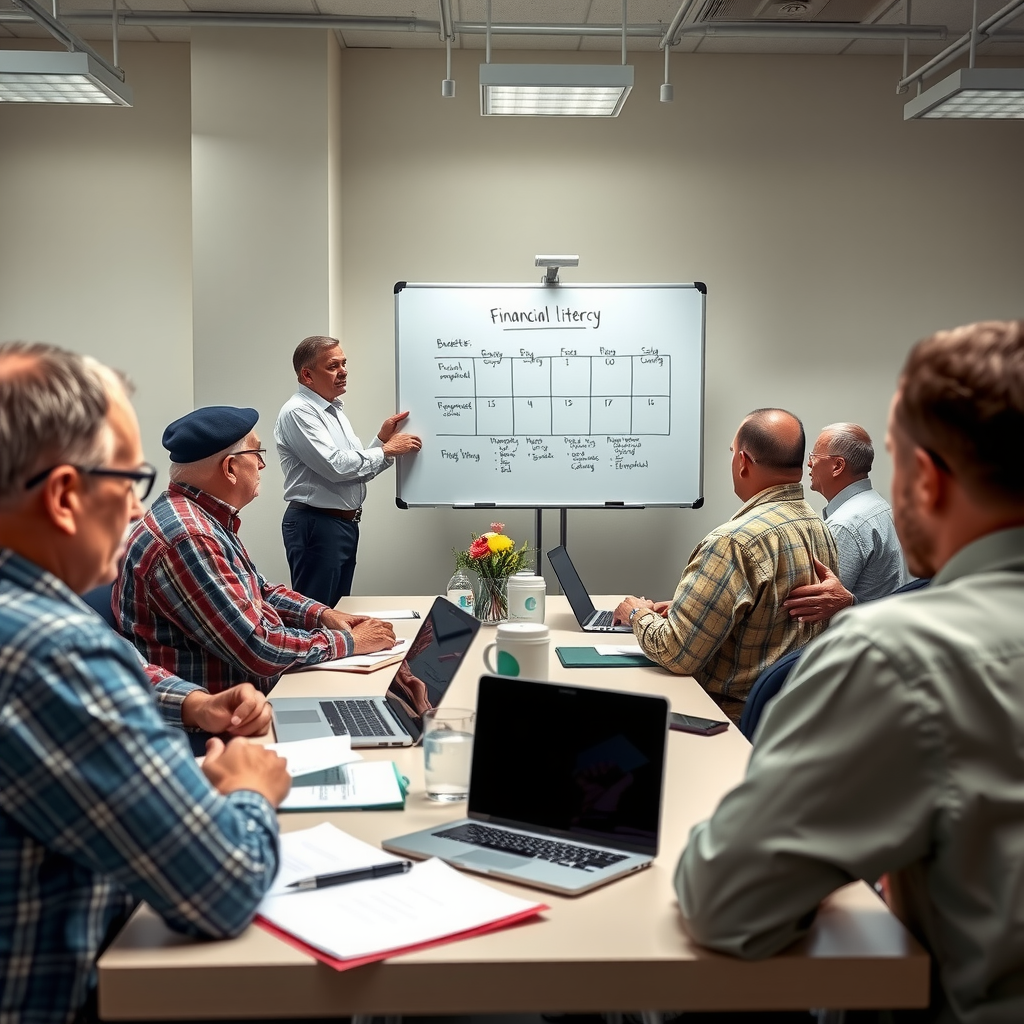 Group of veterans attending financial literacy workshop with instructor at whiteboard explaining budgeting concepts, participants taking notes at tables with laptops and materials