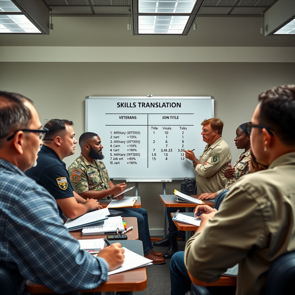 Diverse group of veterans in classroom setting attending skills translation workshop, instructor at whiteboard showing military to civilian job title conversions, participants taking notes and engaged in discussion, professional training environment