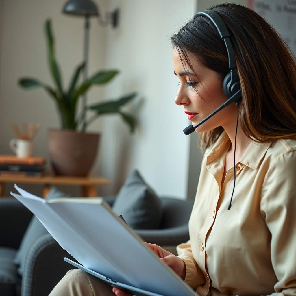 Compassionate crisis counselor wearing headset, taking notes while providing support during a phone call in a quiet, professional crisis intervention center