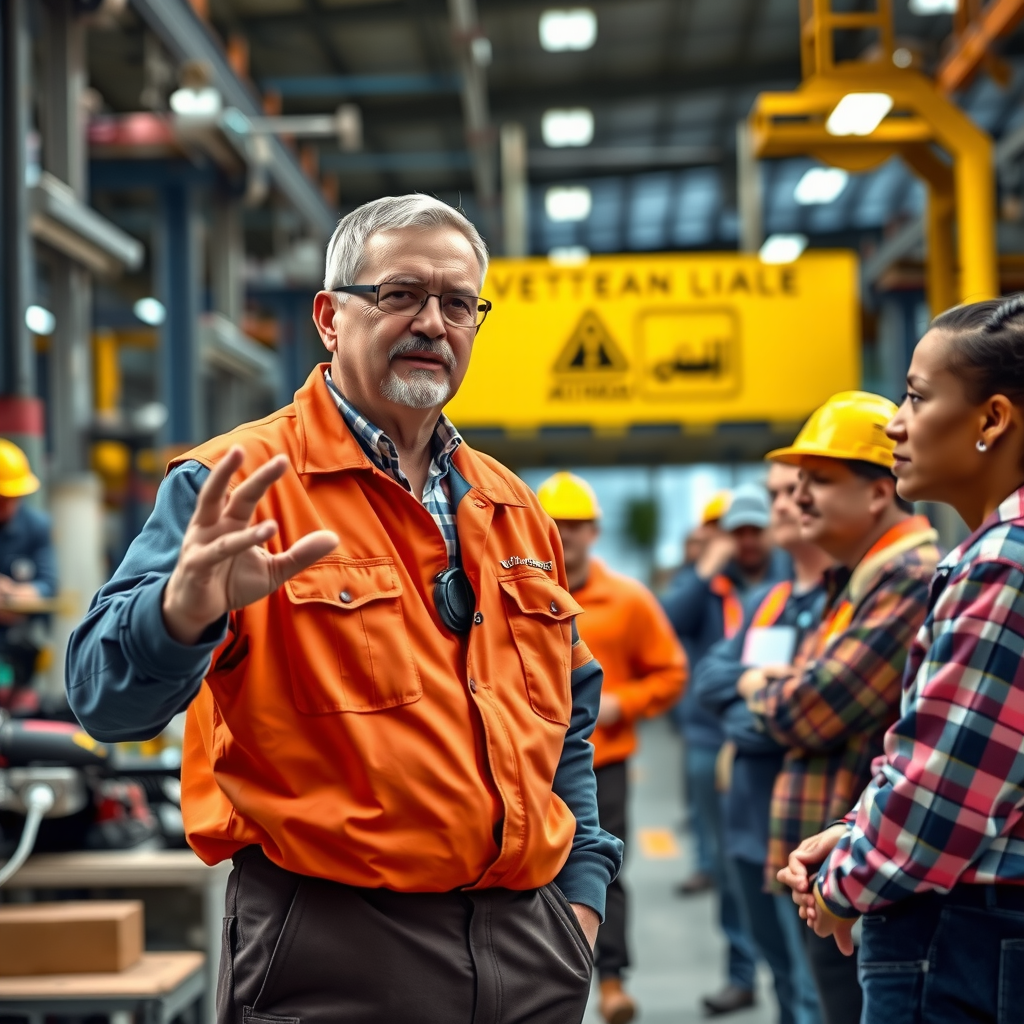 Confident veteran team leader in work uniform gesturing while explaining a task to a diverse group of workers on a busy manufacturing floor with equipment and safety signs visible