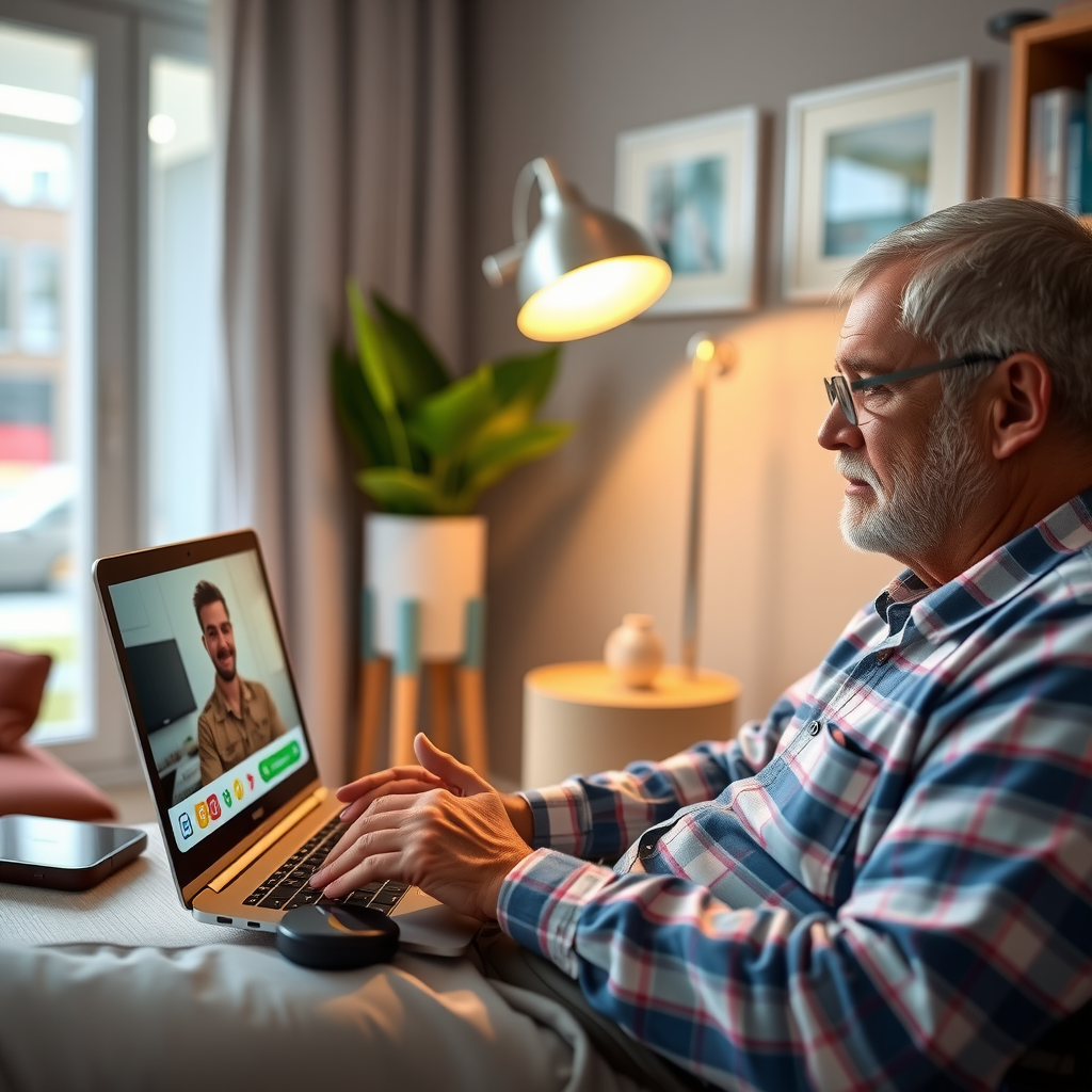 Veteran using laptop for telehealth mental health session at home, showing accessible remote counseling services and technology-enabled veteran support through secure video conferencing
