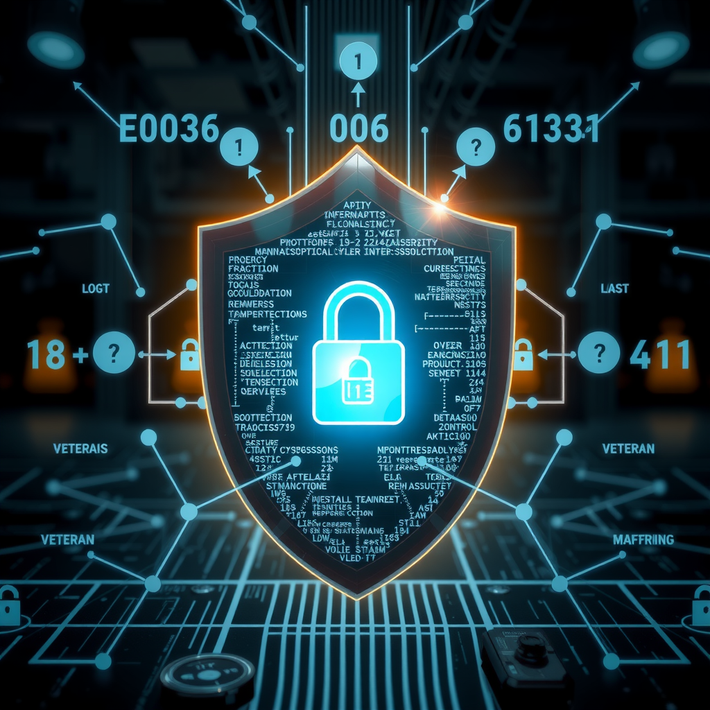 Digital security shield protecting veteran personal information with encryption symbols, secure servers, and cybersecurity measures for Troopers Assisting Troops database