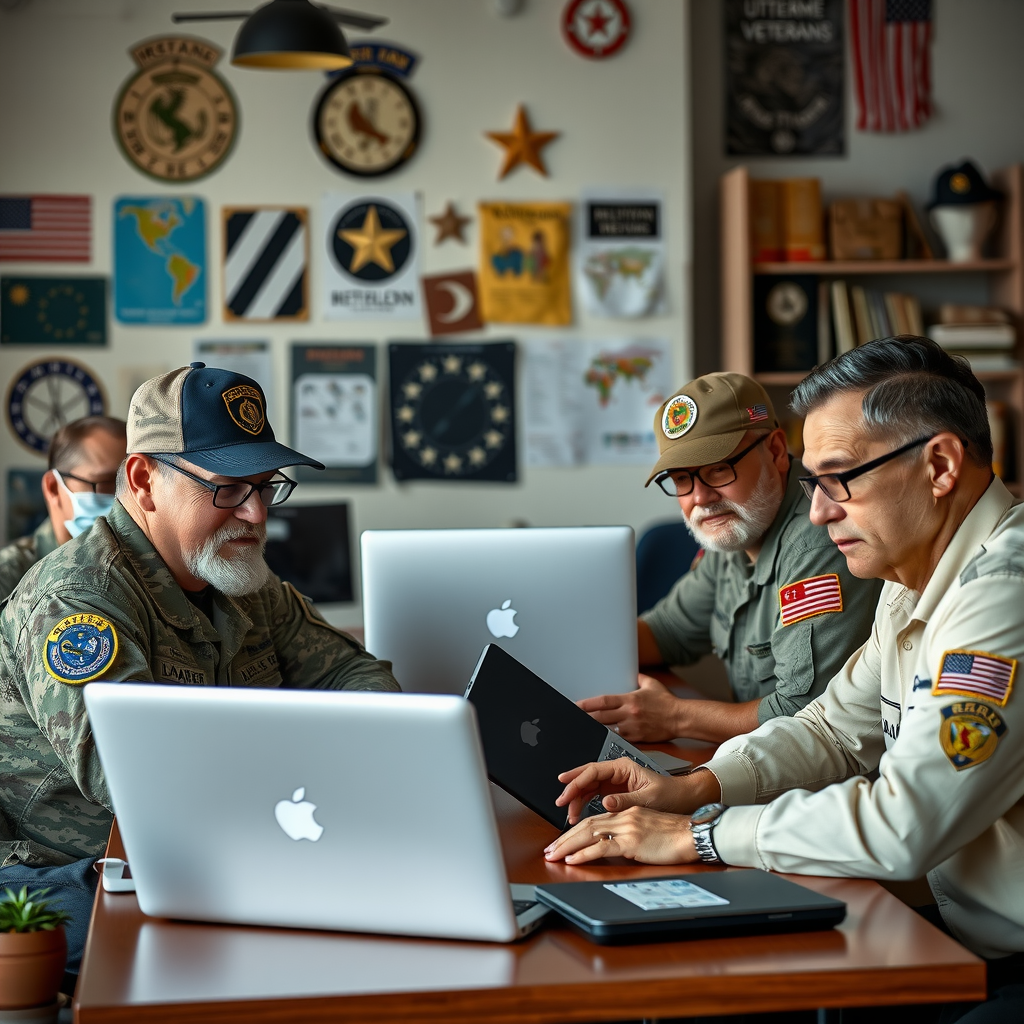 Veterans working together on laptops in a collaborative workspace, showing teamwork and mutual respect, professional environment with military memorabilia