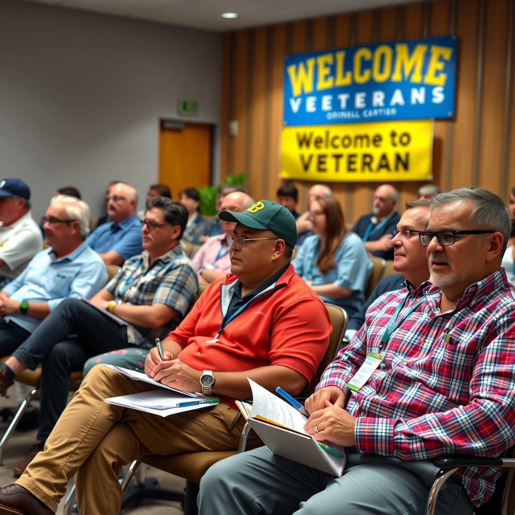 Diverse group of veterans sitting in classroom-style seating taking notes during an orientation presentation with program materials and welcome banners visible