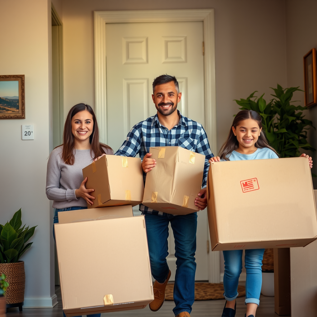 Happy veteran family carrying moving boxes into their new affordable housing apartment, children helping with smaller items, showing hope and new beginning