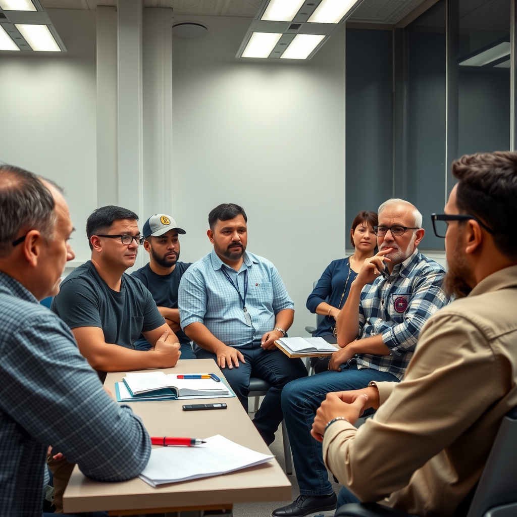 Group of diverse veterans in college classroom engaged in discussion with instructor modern educational setting collaborative learning environment