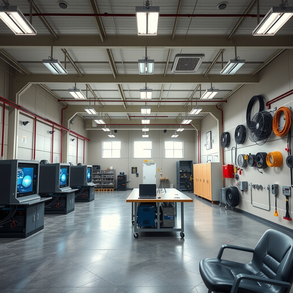 Spacious, well-lit training facility showing multiple workstations equipped with welding booths, HVAC training units, and electrical practice boards with safety equipment organized on walls