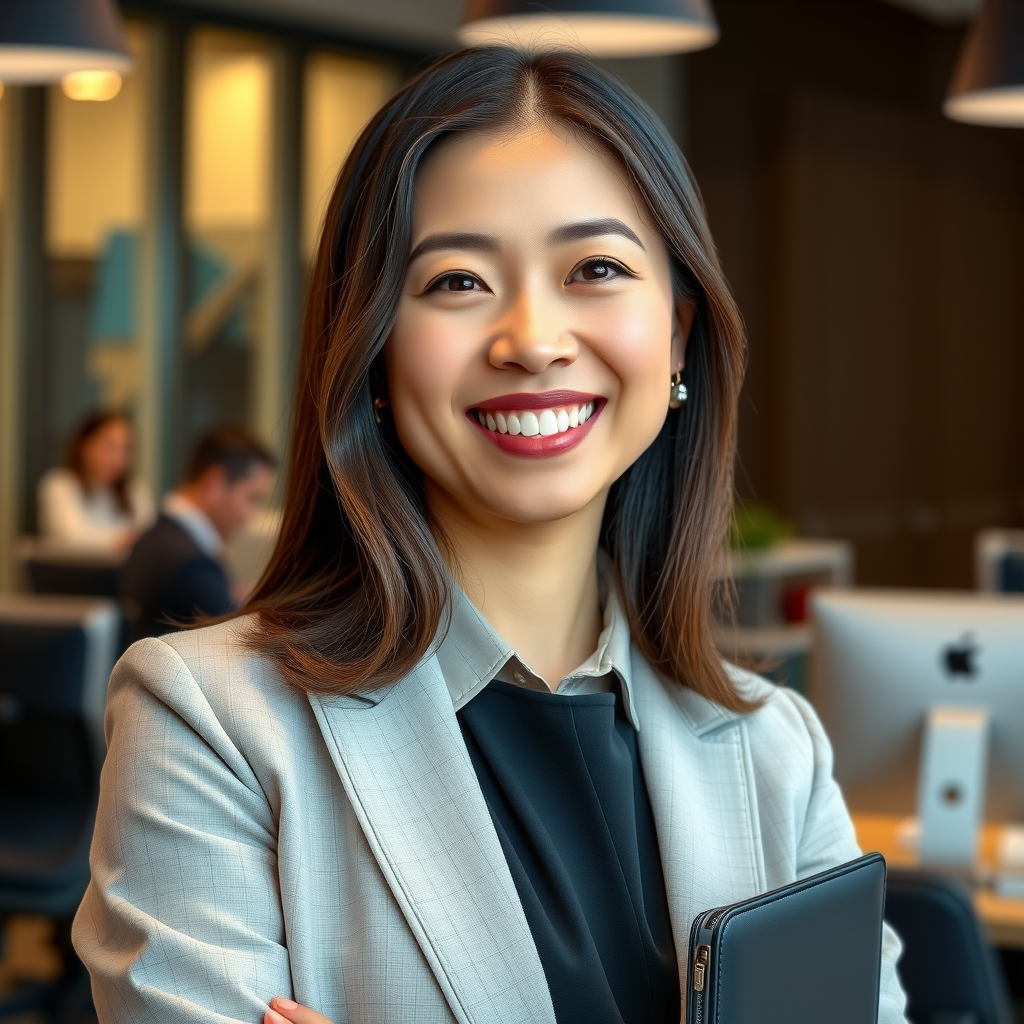 Professional headshot of Sarah Kim, Asian American woman in professional attire smiling warmly, modern office environment