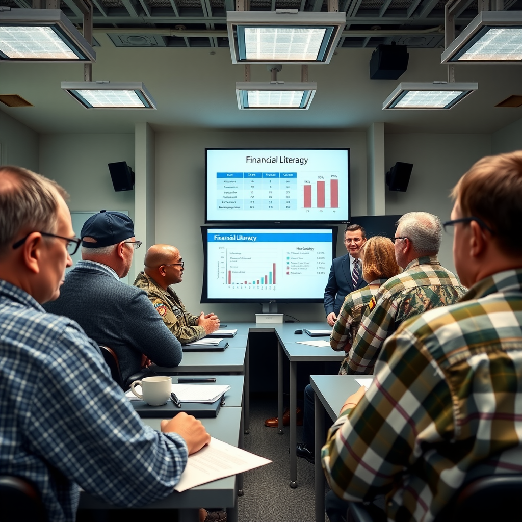 Group of veterans attending an interactive financial literacy workshop in a modern classroom setting, with instructor presenting budgeting concepts on a large screen and participants engaged in discussion
