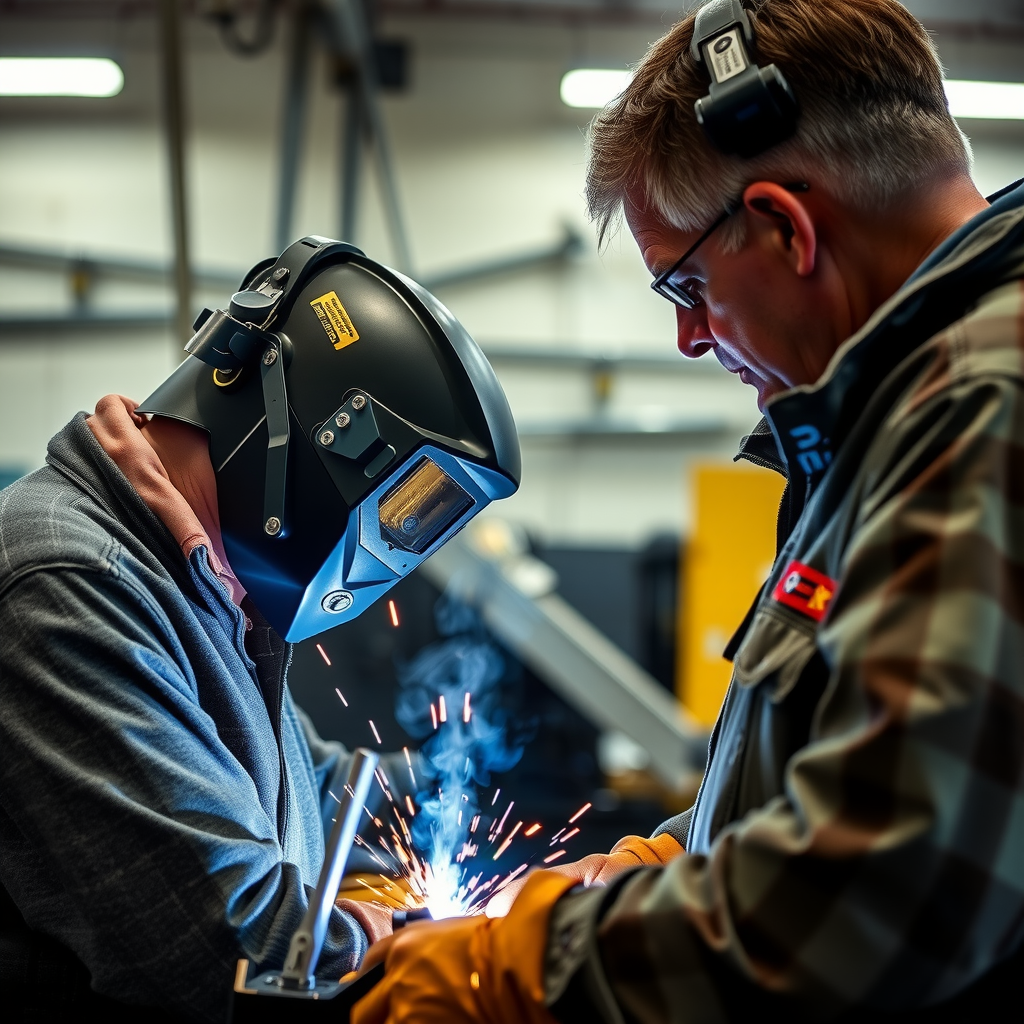 Veterans participating in skilled trades training program, wearing protective equipment while learning welding techniques from experienced instructor in modern workshop facility