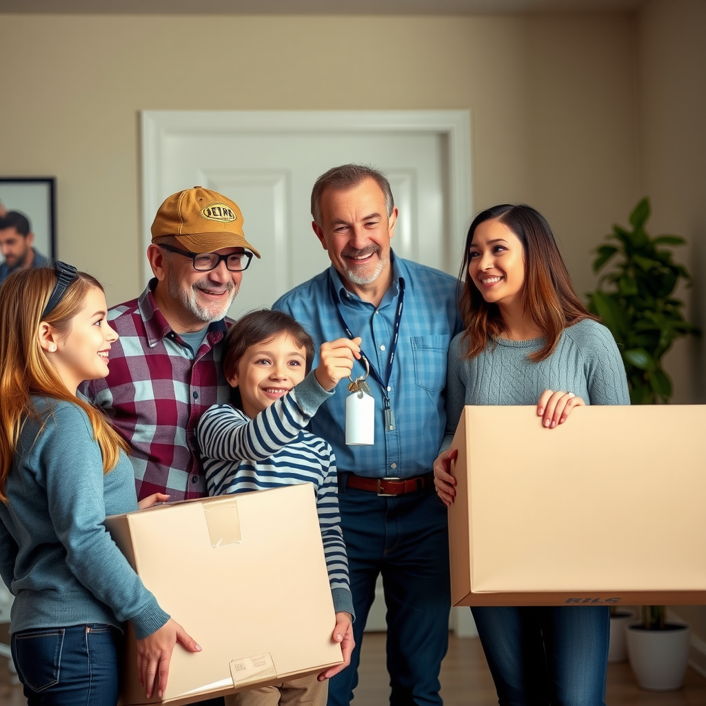 Veteran family with children receiving keys to new home from case manager, showing successful housing assistance program preventing homelessness with moving boxes and hopeful expressions