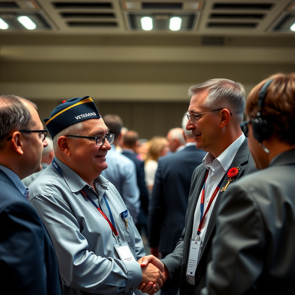 Veterans networking at professional event with business attire and handshakes